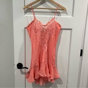 Vintage Gold Label Victoria’s Secret Slip Dress Ruffle Babydoll Lace Pink Coral